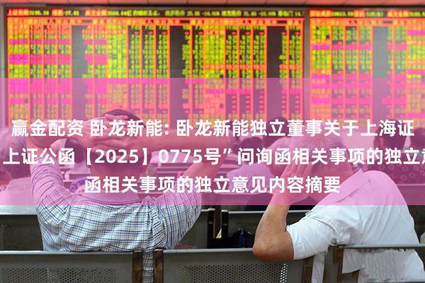 赢金配资 卧龙新能: 卧龙新能独立董事关于上海证券交易所之“上证公函【2025】0775号”问询函相关事项的独立意见内容摘要
